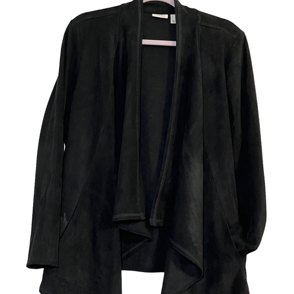 Logo Neutral Faux Suede Cardigan L Black Minimalist Classic Workwear Festive 80s - Picture 1 of 12